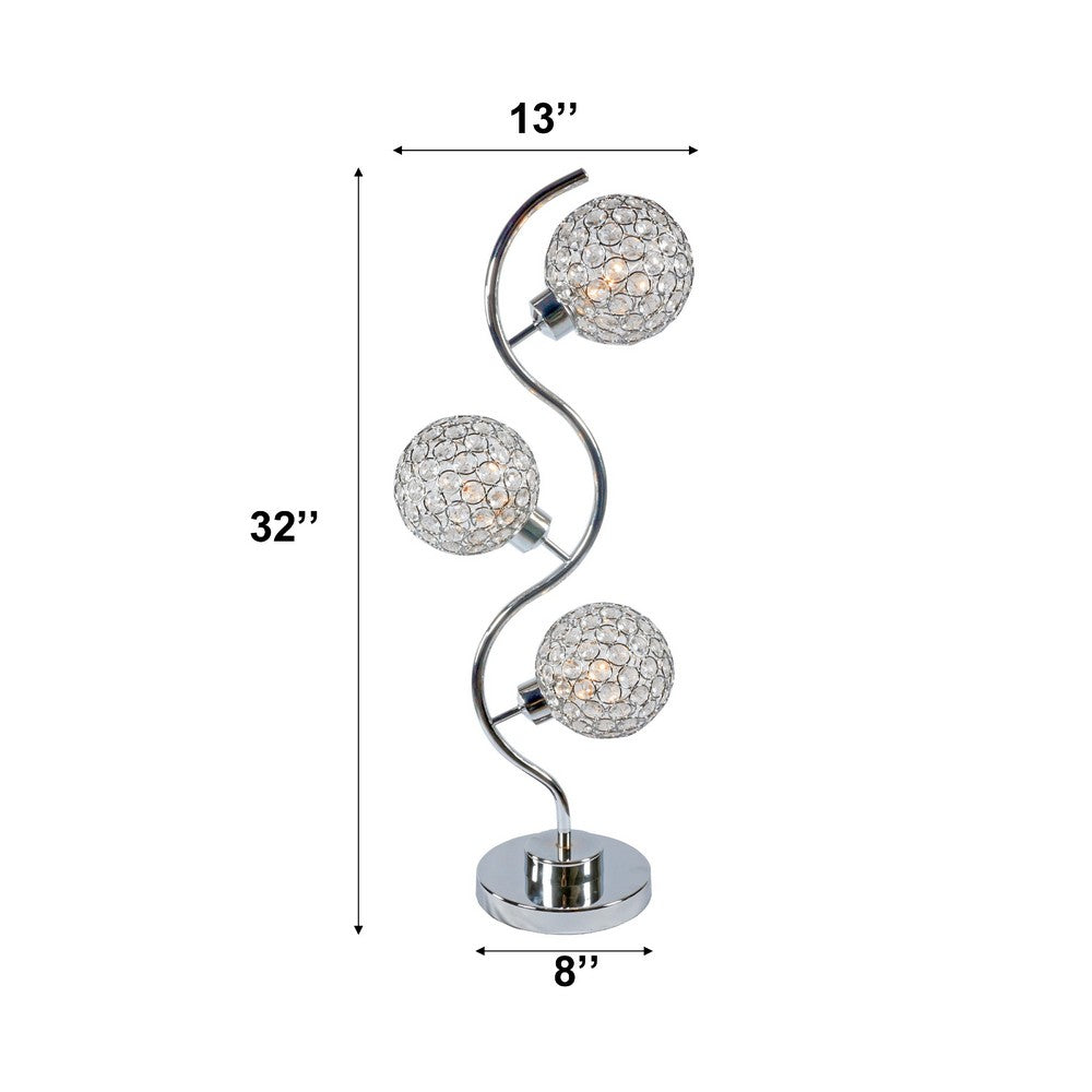 Benjara Crystal Globe Table Lamp with Triple Light, Chrome Finish, 32 Inch