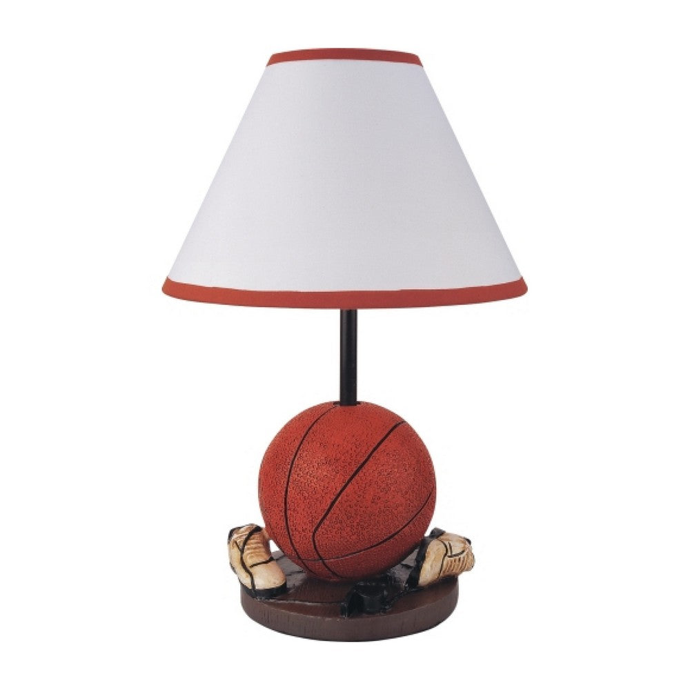 Benjara Basketball Table Lamp with White Fabric Shade, Sports Fans Brown 16 Inch