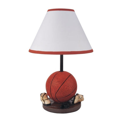 Benjara Basketball Table Lamp with White Fabric Shade, Sports Fans Brown 16 Inch