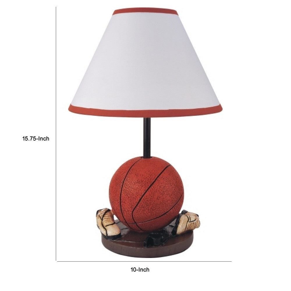 Benjara Basketball Table Lamp with White Fabric Shade, Sports Fans Brown 16 Inch