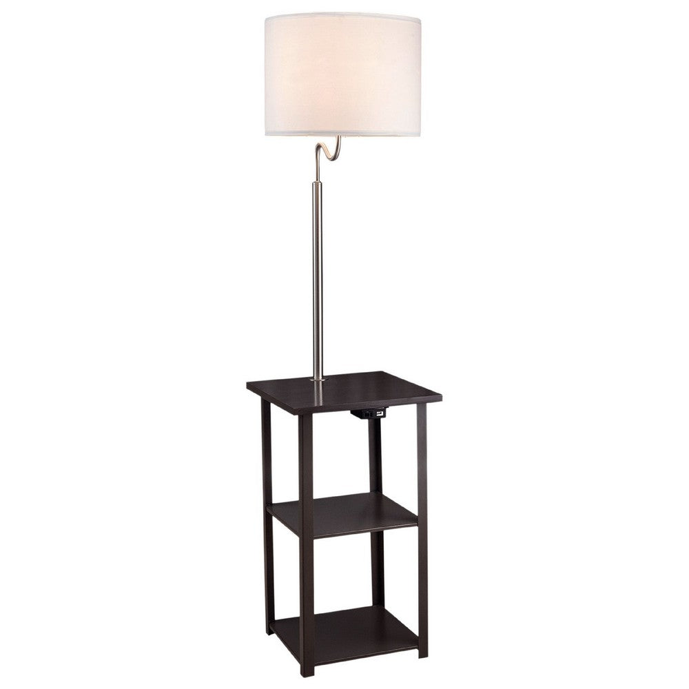 Benjara Accent Table Lamp with Shelves And USB Ports, 58 Inch, White Drum Shade