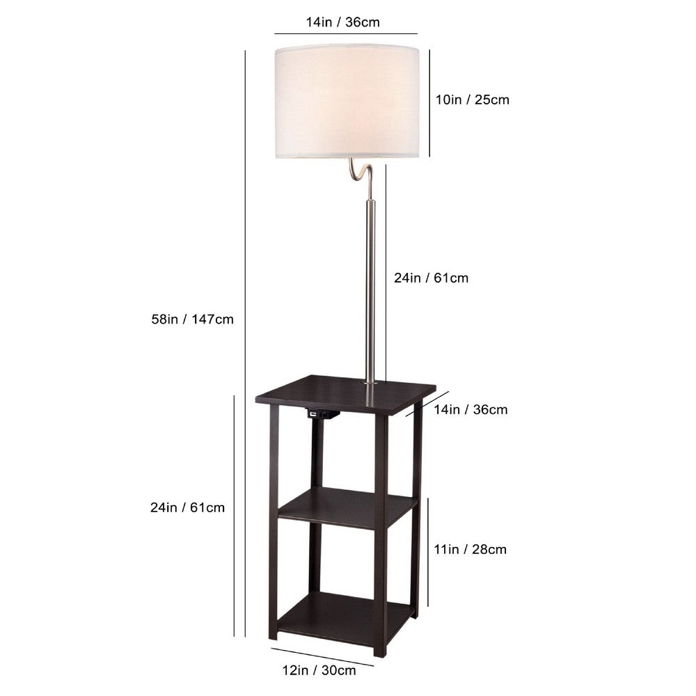 Benjara Accent Table Lamp with Shelves And USB Ports, 58 Inch, White Drum Shade