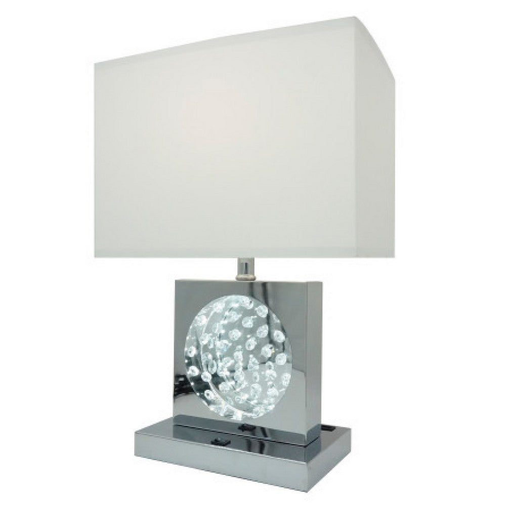 Benjara Accent Table Lamp, 22 Inch, Chrome Square Crystal Center with Night Light