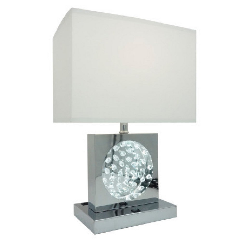 Benjara Accent Table Lamp, 22 Inch, Chrome Square Crystal Center with Night Light
