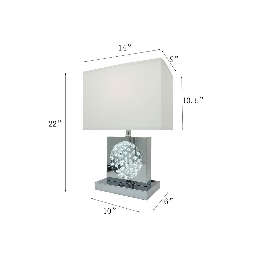 Benjara Accent Table Lamp, 22 Inch, Chrome Square Crystal Center with Night Light