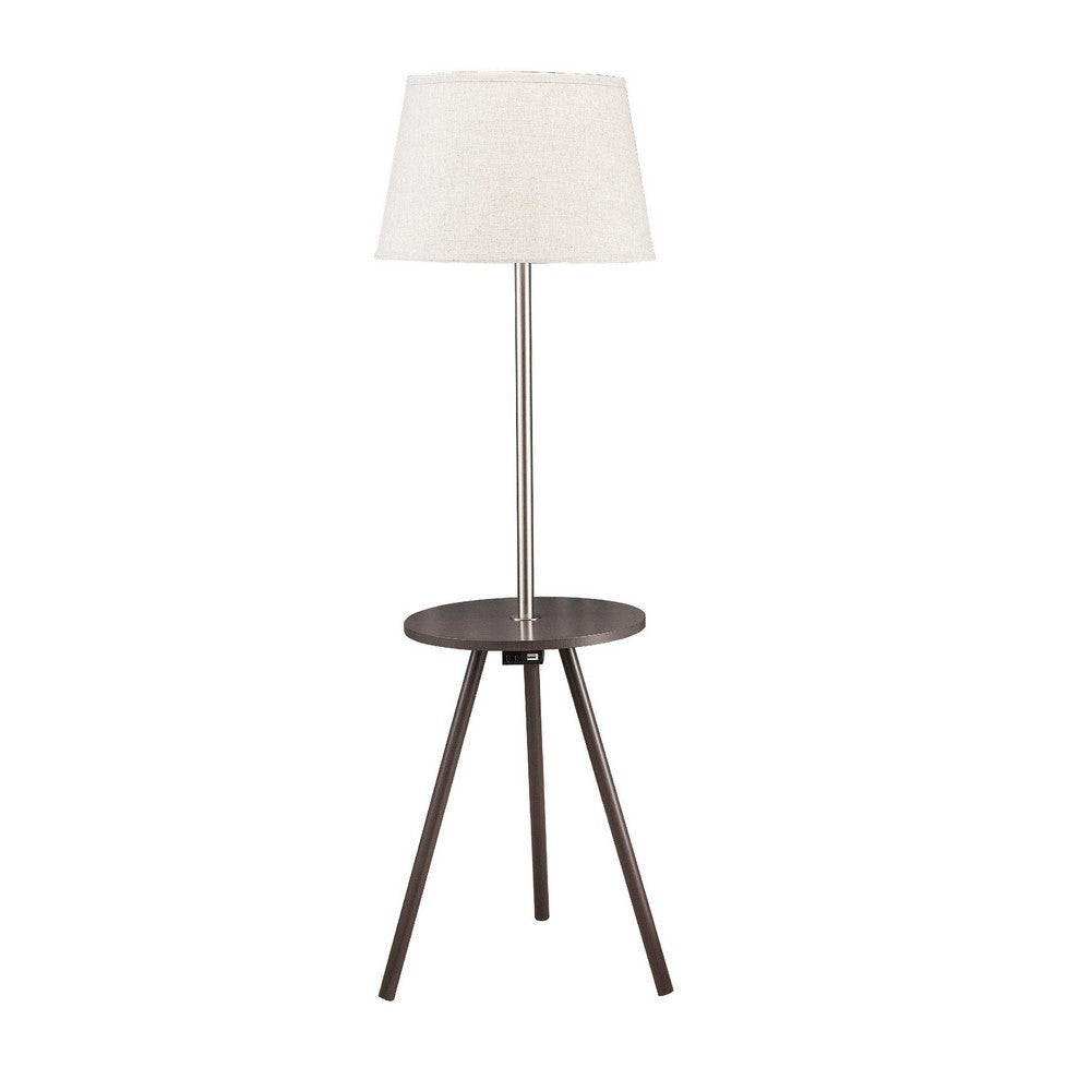 Benjara Accent Table Lamp w Side End Table, White Drum Shade, Espresso Brown