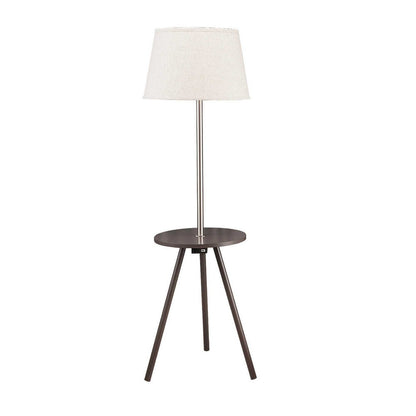 Benjara Accent Table Lamp w Side End Table, White Drum Shade, Espresso Brown