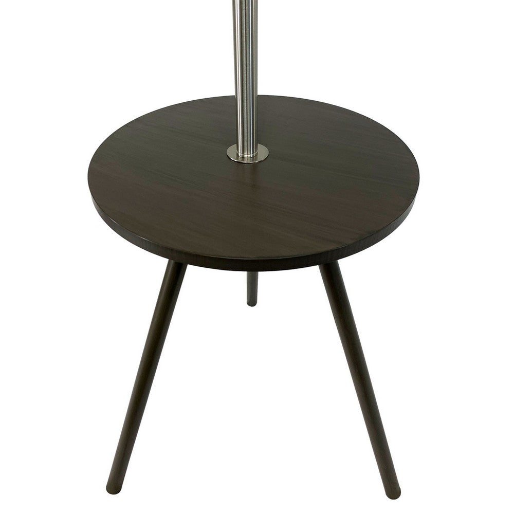 Benjara Accent Table Lamp w Side End Table, White Drum Shade, Espresso Brown