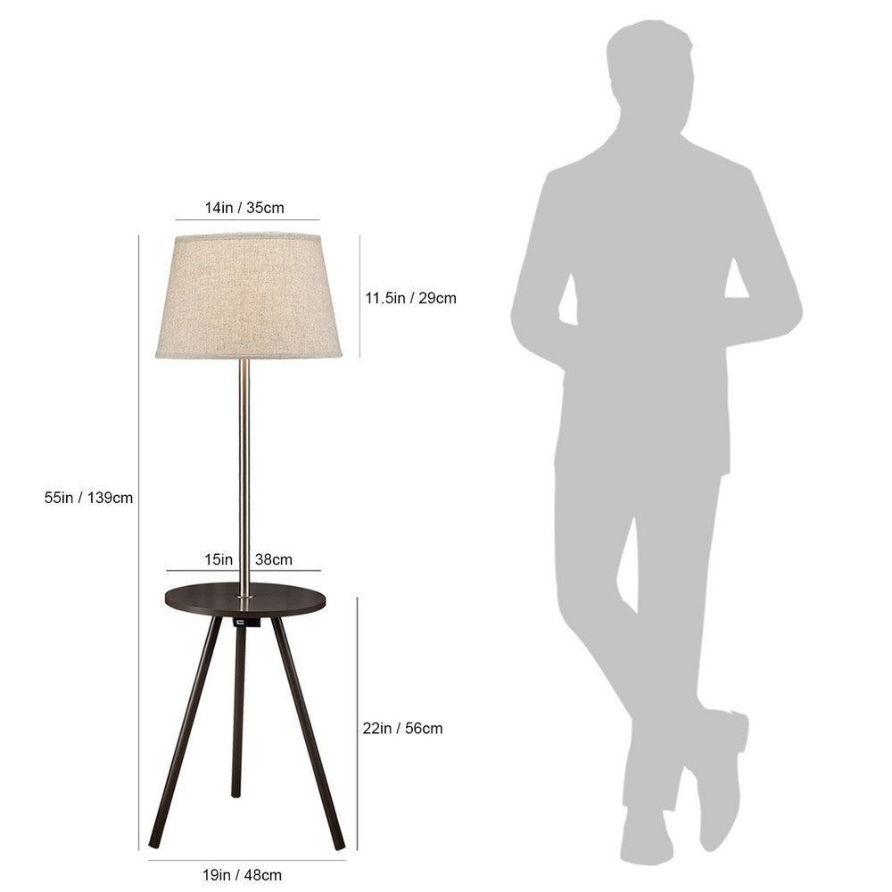 Benjara Accent Table Lamp w Side End Table, White Drum Shade, Espresso Brown