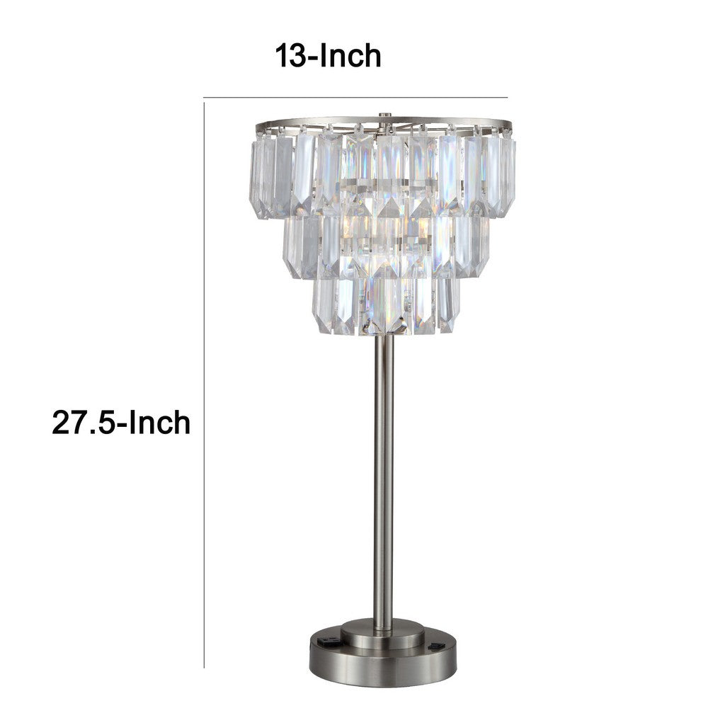 Benjara Lesy Accent Table Lamp, 28 Inch, Chrome Crystal Shade, Round Metal Base