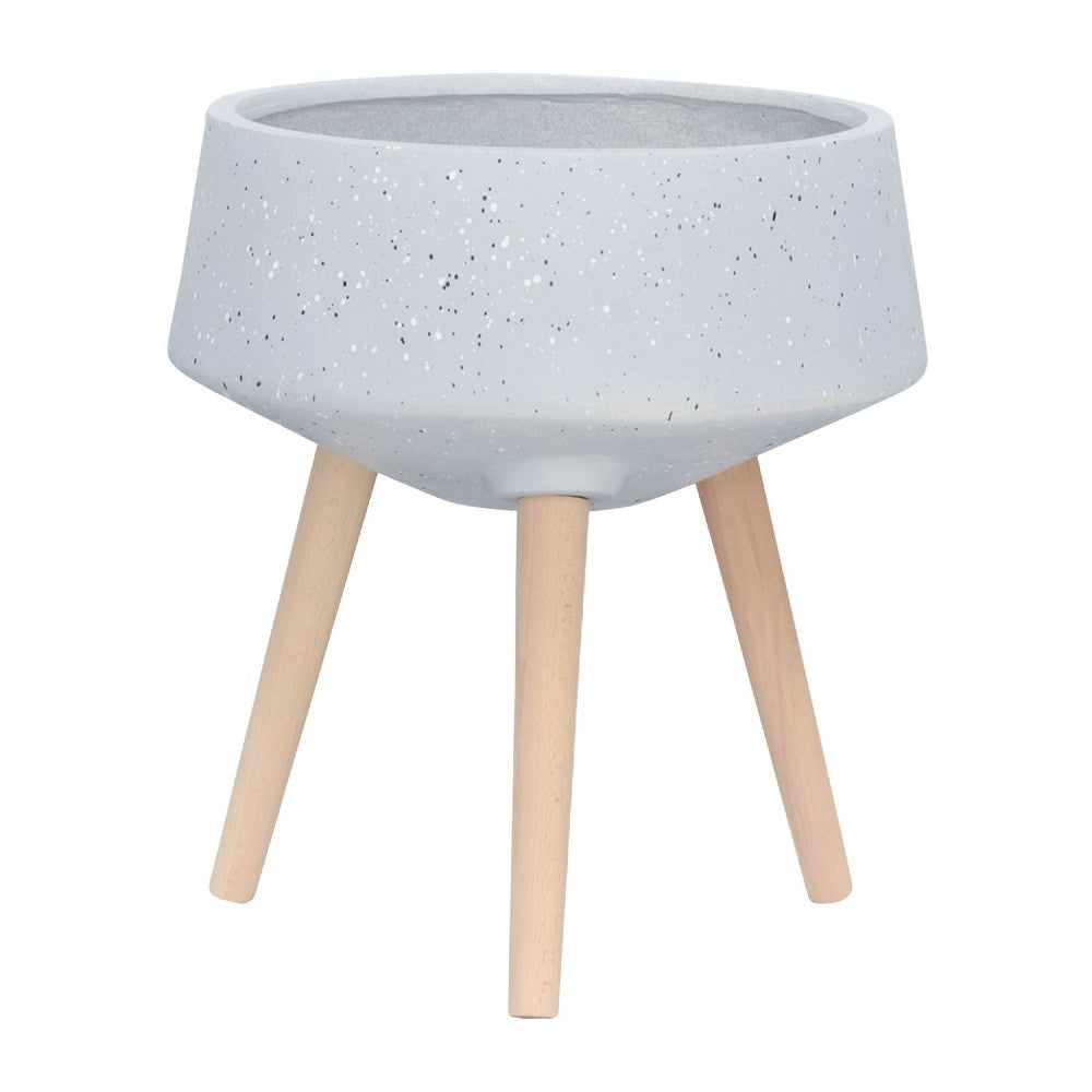 Benjara Indoor Outdoor Planter Set of 2, Gray Terrazzo And Brown Wood Legs