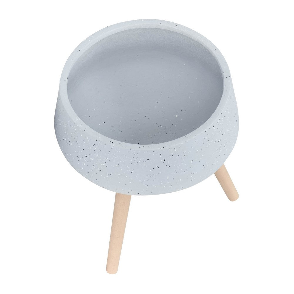 Benjara Indoor Outdoor Planter Set of 2, Gray Terrazzo And Brown Wood Legs