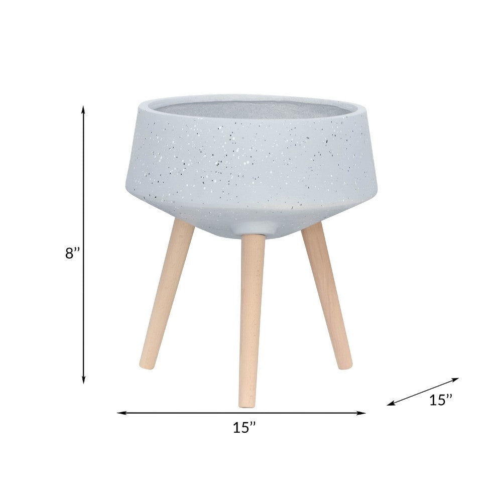 Benjara Indoor Outdoor Planter Set of 2, Gray Terrazzo And Brown Wood Legs