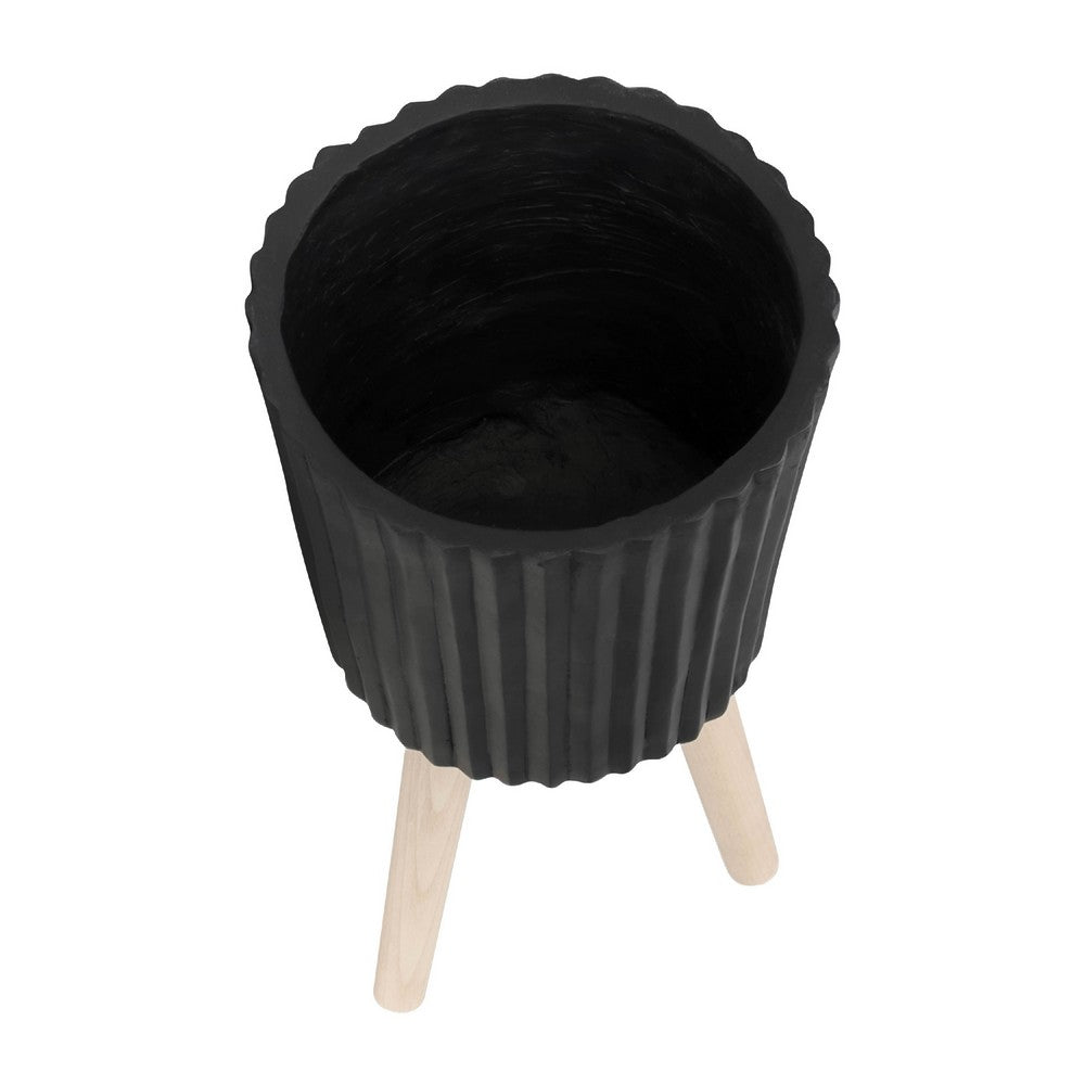 Benjara Indoor Outdoor Ridged Planter Set of 2, Black And Brown Wood Legs