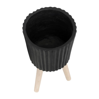 Benjara Indoor Outdoor Ridged Planter Set of 2, Black And Brown Wood Legs