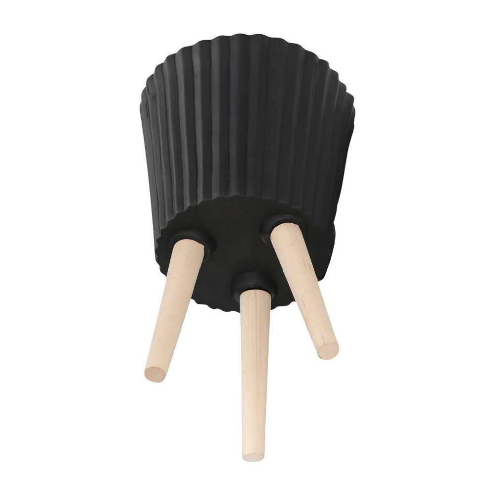 Benjara Indoor Outdoor Ridged Planter Set of 2, Black And Brown Wood Legs