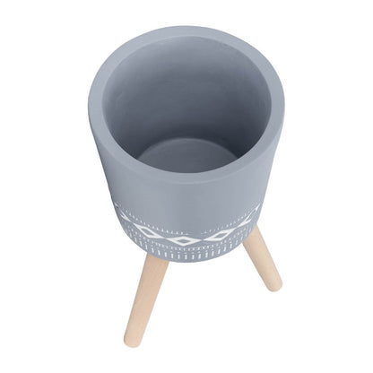 Benjara Indoor Outdoor Planter Set of 2, Gray Diamond Art, Brown Wood Legs