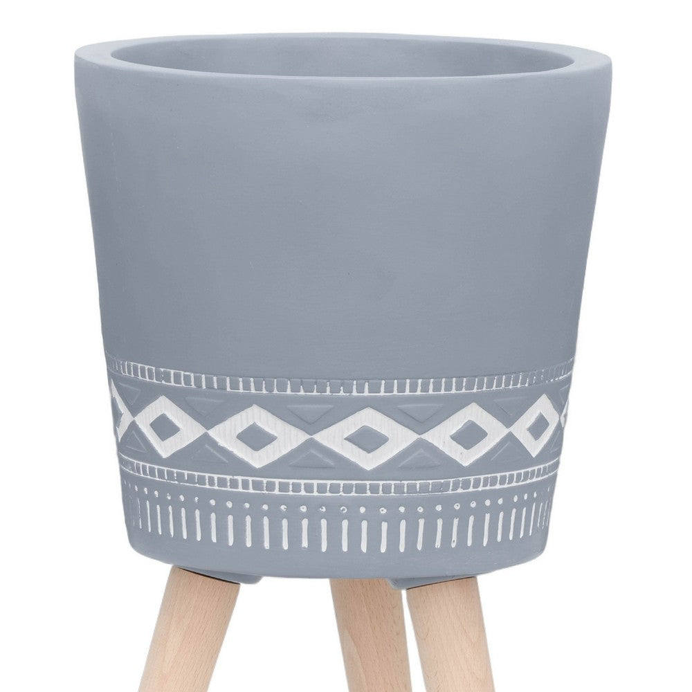 Benjara Indoor Outdoor Planter Set of 2, Gray Diamond Art, Brown Wood Legs