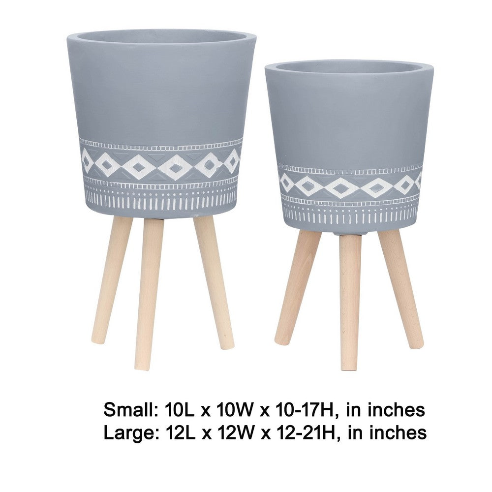 Benjara Indoor Outdoor Planter Set of 2, Gray Diamond Art, Brown Wood Legs