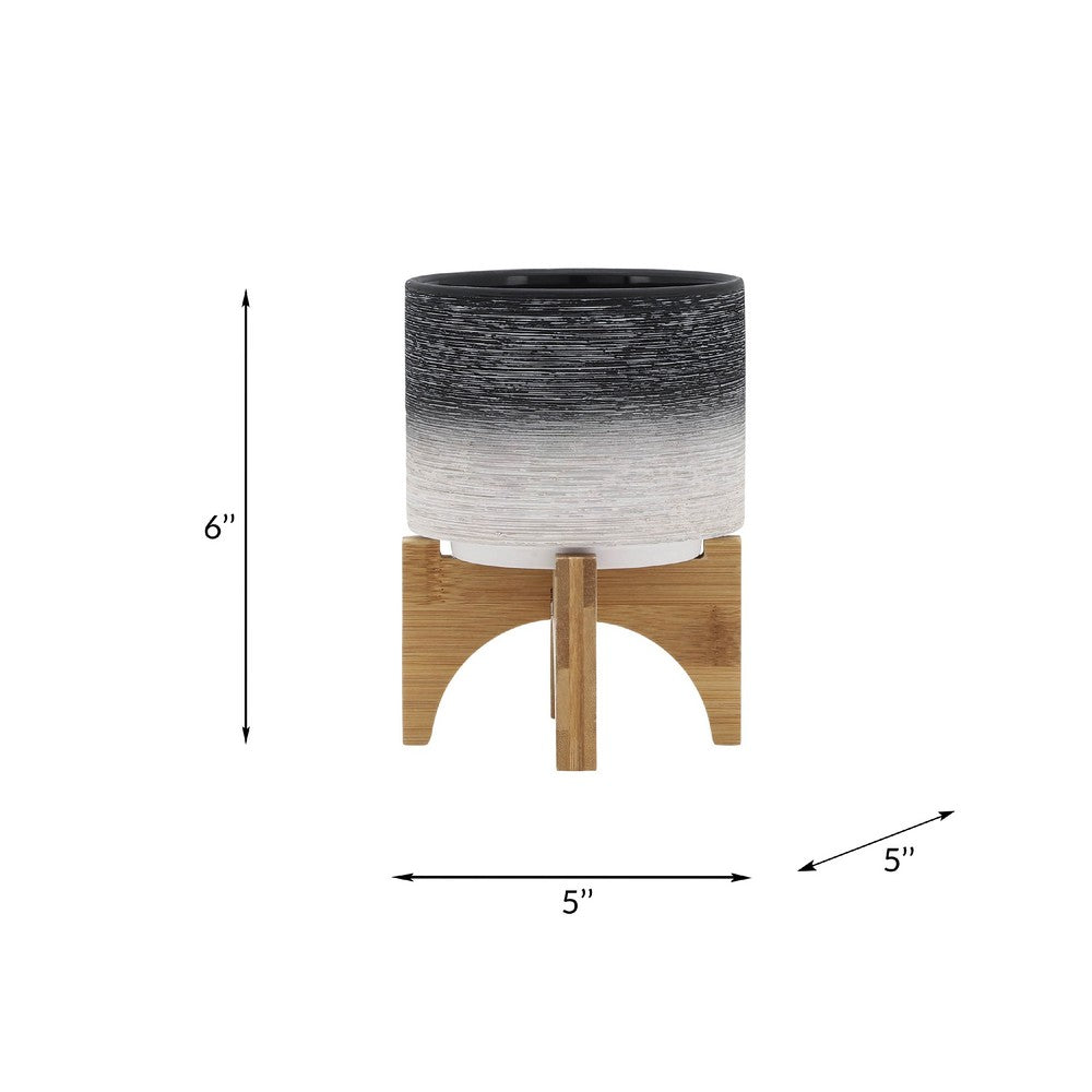 Benjara Indoor Planter with Natural Brown Wood Stand, 6 Inch Gray Ceramic