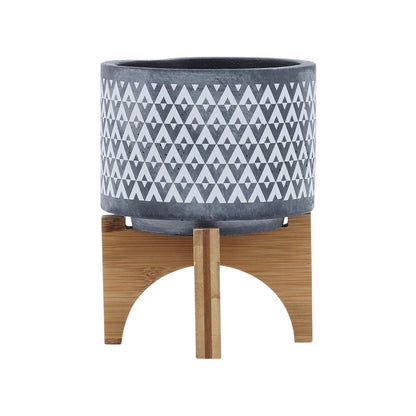 Benjara Indoor Planter on Brown Wood Stand, 6 Inch Gray Aztec Printed Ceramic