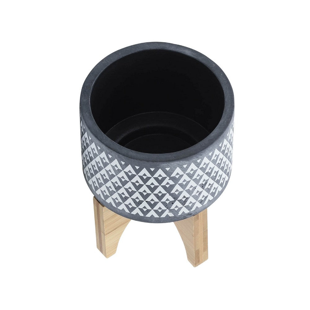 Benjara Indoor Planter on Brown Wood Stand, 6 Inch Gray Aztec Printed Ceramic