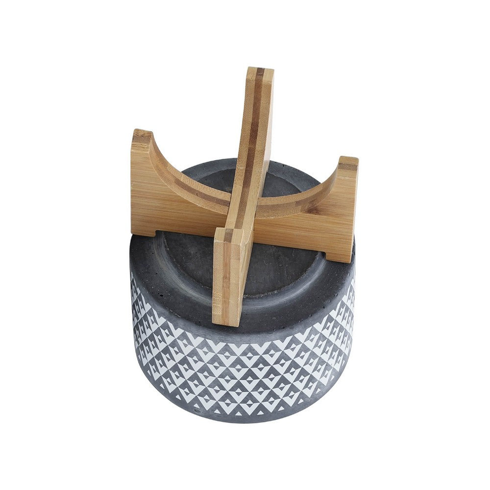 Benjara Indoor Planter on Brown Wood Stand, 6 Inch Gray Aztec Printed Ceramic