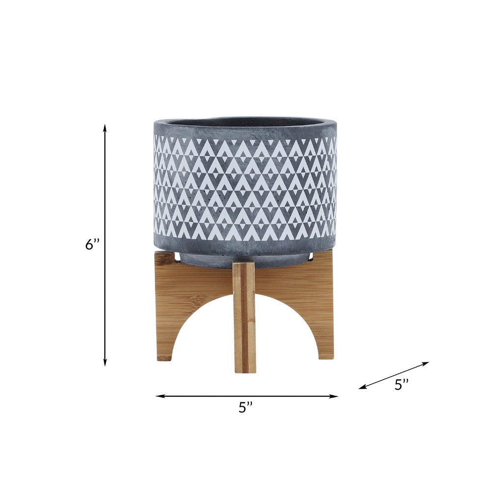 Benjara Indoor Planter on Brown Wood Stand, 6 Inch Gray Aztec Printed Ceramic