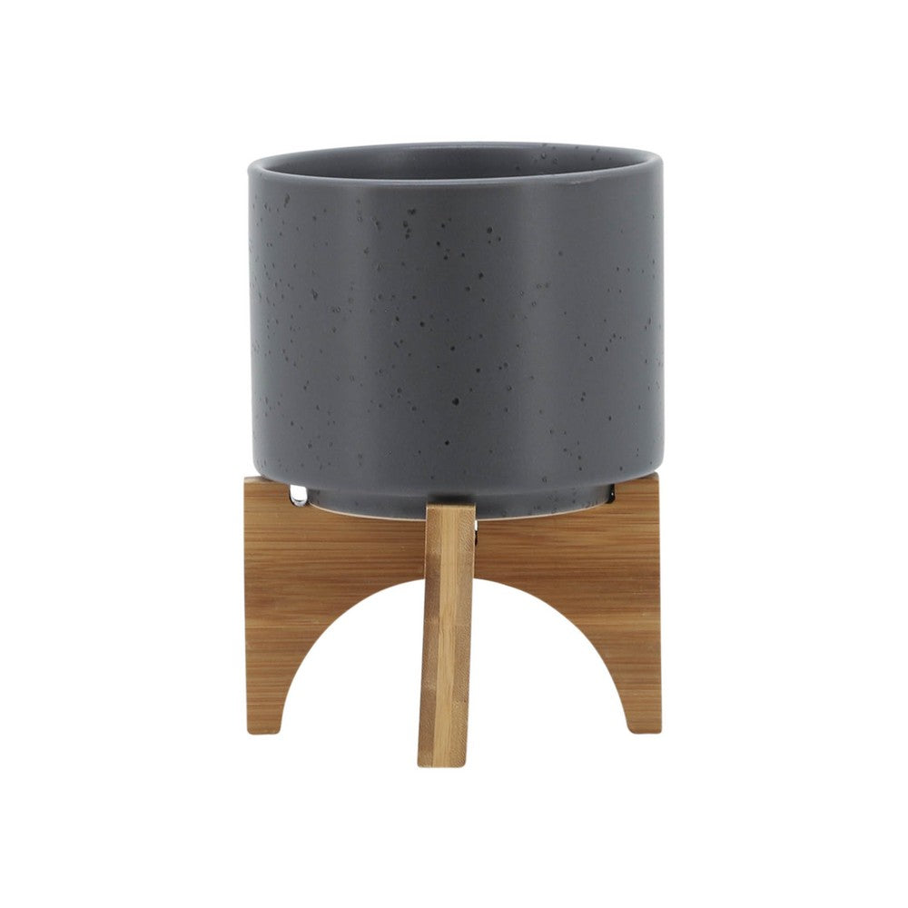 Benjara Indoor Planter on Natural Light Brown Wood Stand, 7 Inch Gray Ceramic