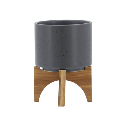 Benjara Indoor Planter on Natural Light Brown Wood Stand, 7 Inch Gray Ceramic