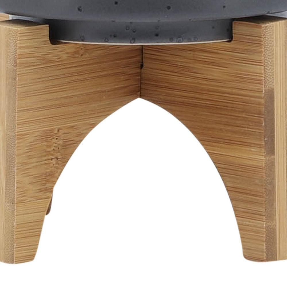 Benjara Indoor Planter on Natural Light Brown Wood Stand, 7 Inch Gray Ceramic