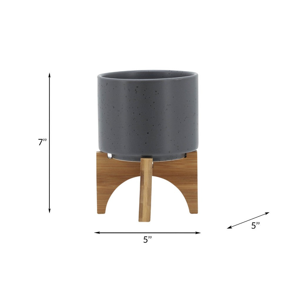 Benjara Indoor Planter on Natural Light Brown Wood Stand, 7 Inch Gray Ceramic