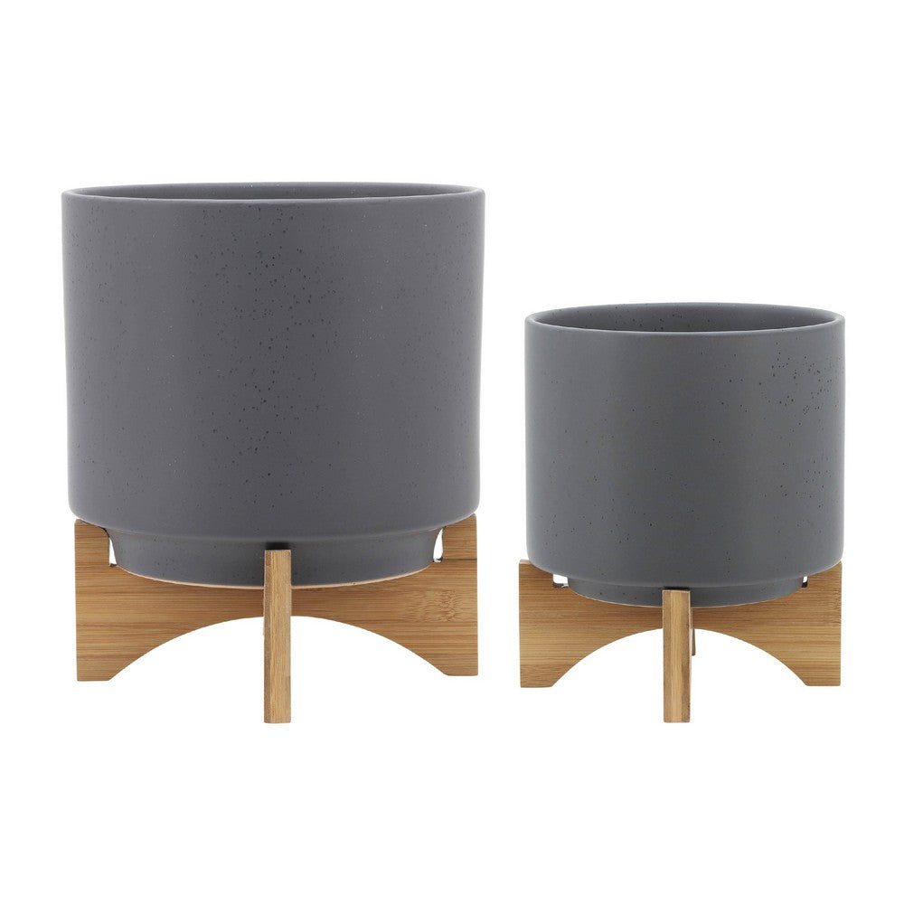 Benjara Set of 2 Indoor Planter on Natural Brown Wood Stand, 12 Inch Gray Ceramic