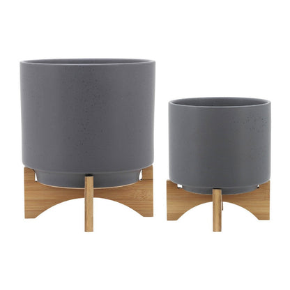 Benjara Set of 2 Indoor Planter on Natural Brown Wood Stand, 12 Inch Gray Ceramic