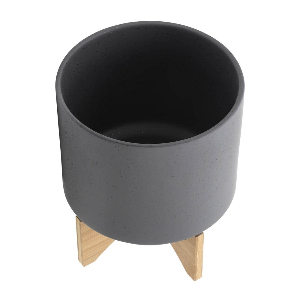 Benjara Set of 2 Indoor Planter on Natural Brown Wood Stand, 12 Inch Gray Ceramic
