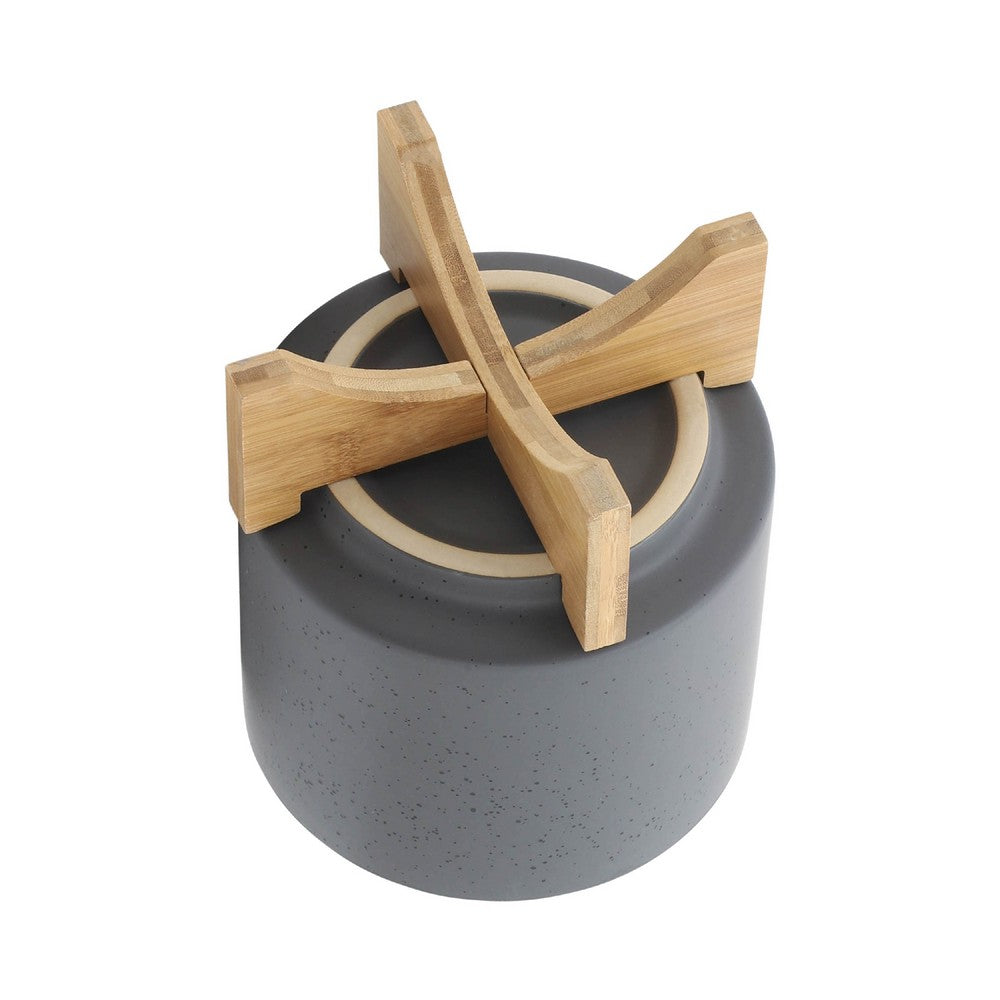 Benjara Set of 2 Indoor Planter on Natural Brown Wood Stand, 12 Inch Gray Ceramic