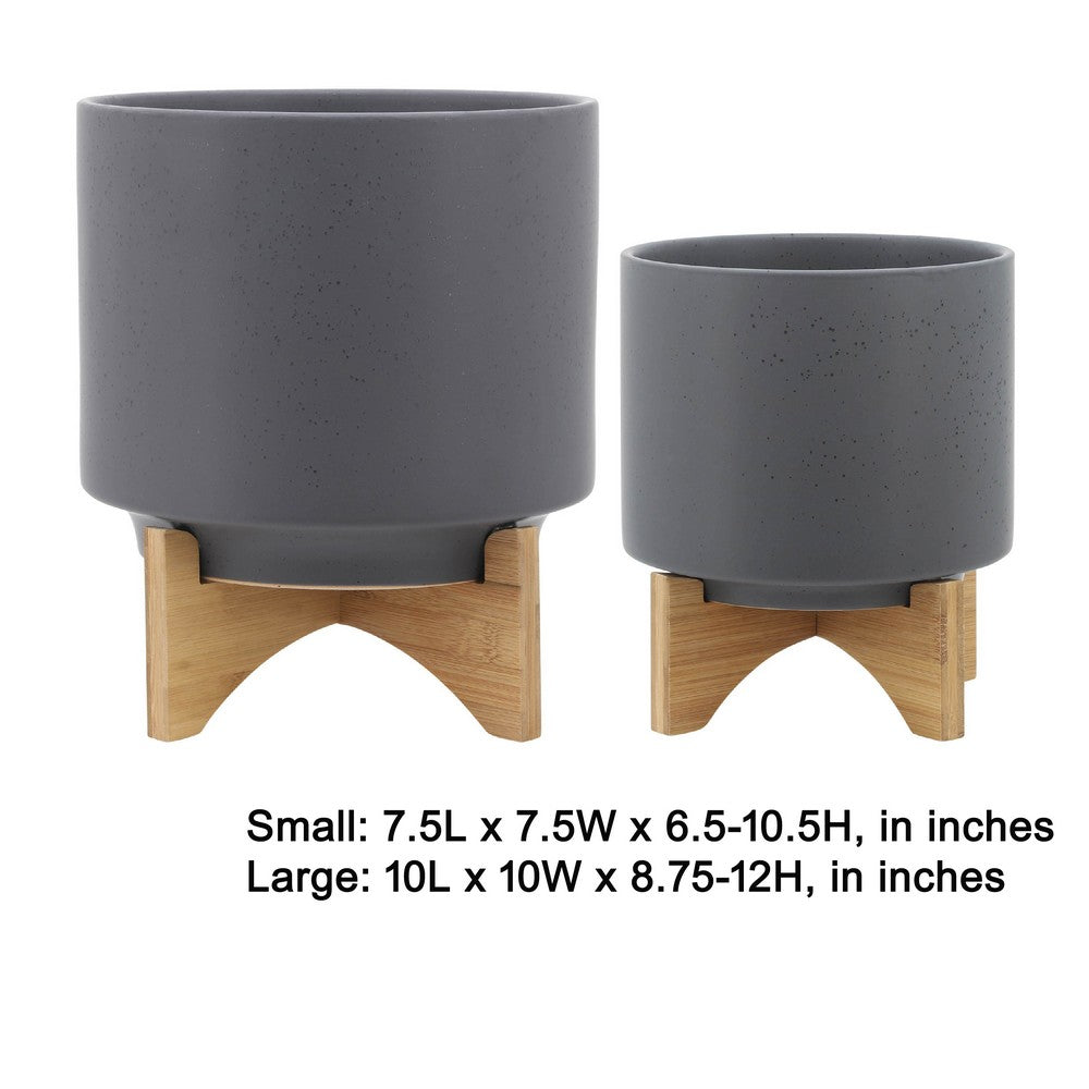 Benjara Set of 2 Indoor Planter on Natural Brown Wood Stand, 12 Inch Gray Ceramic