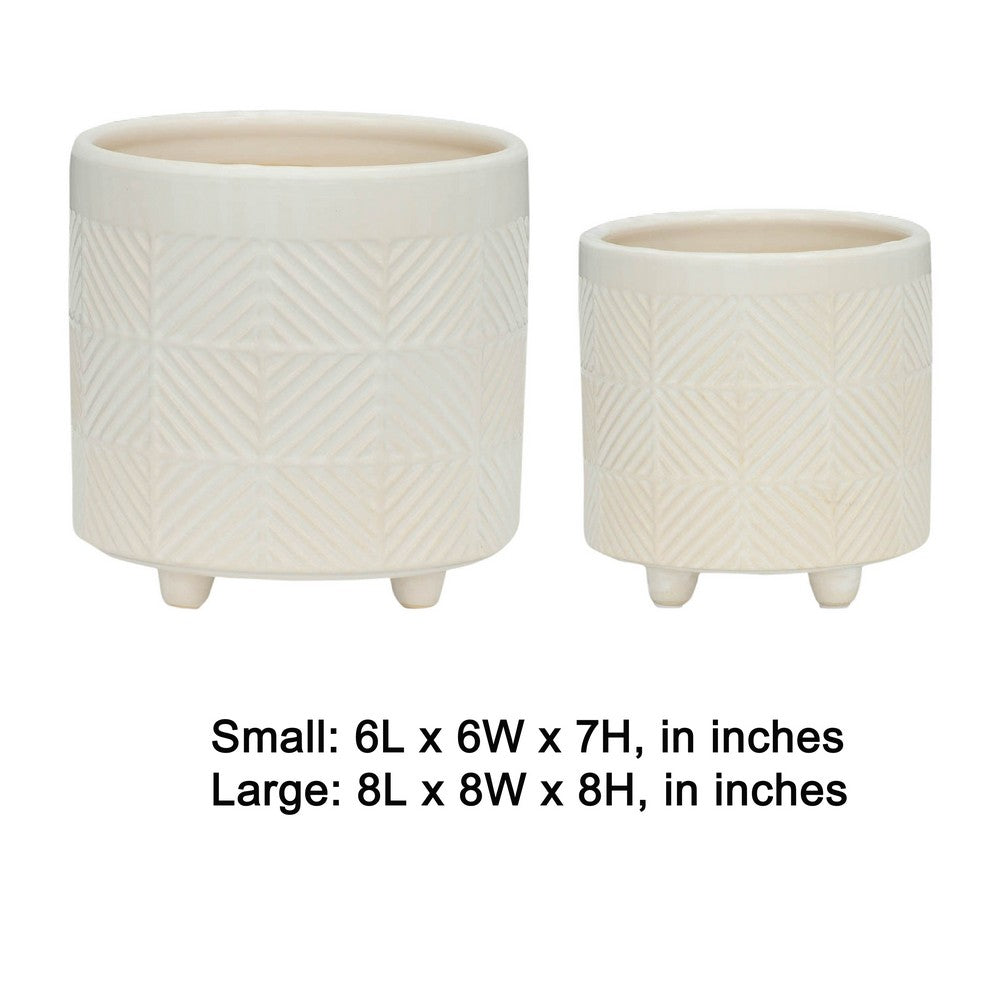 Benjara Garden Planter Set of 2, Glossy White Diamond Patterned Ceramic Body