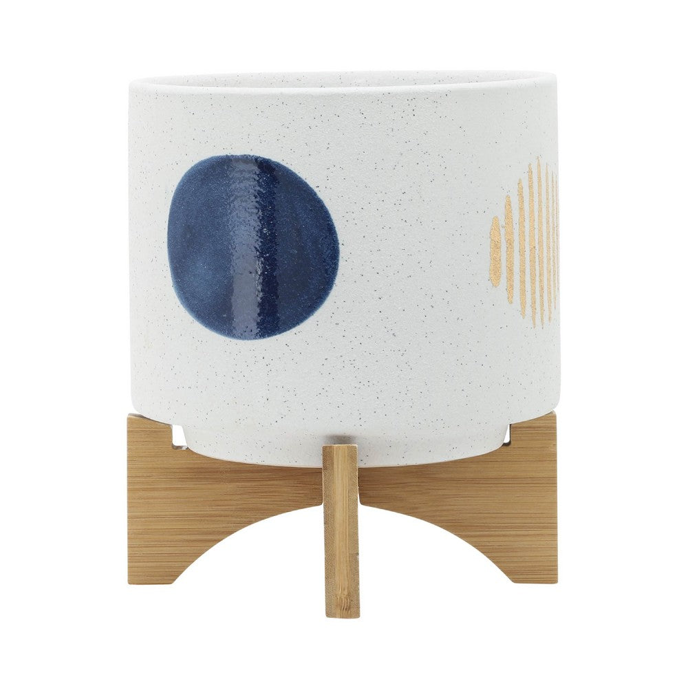 Benjara Funky Planter Set of 2, Wood Stand, Blue Gold Stripes on White Ceramic