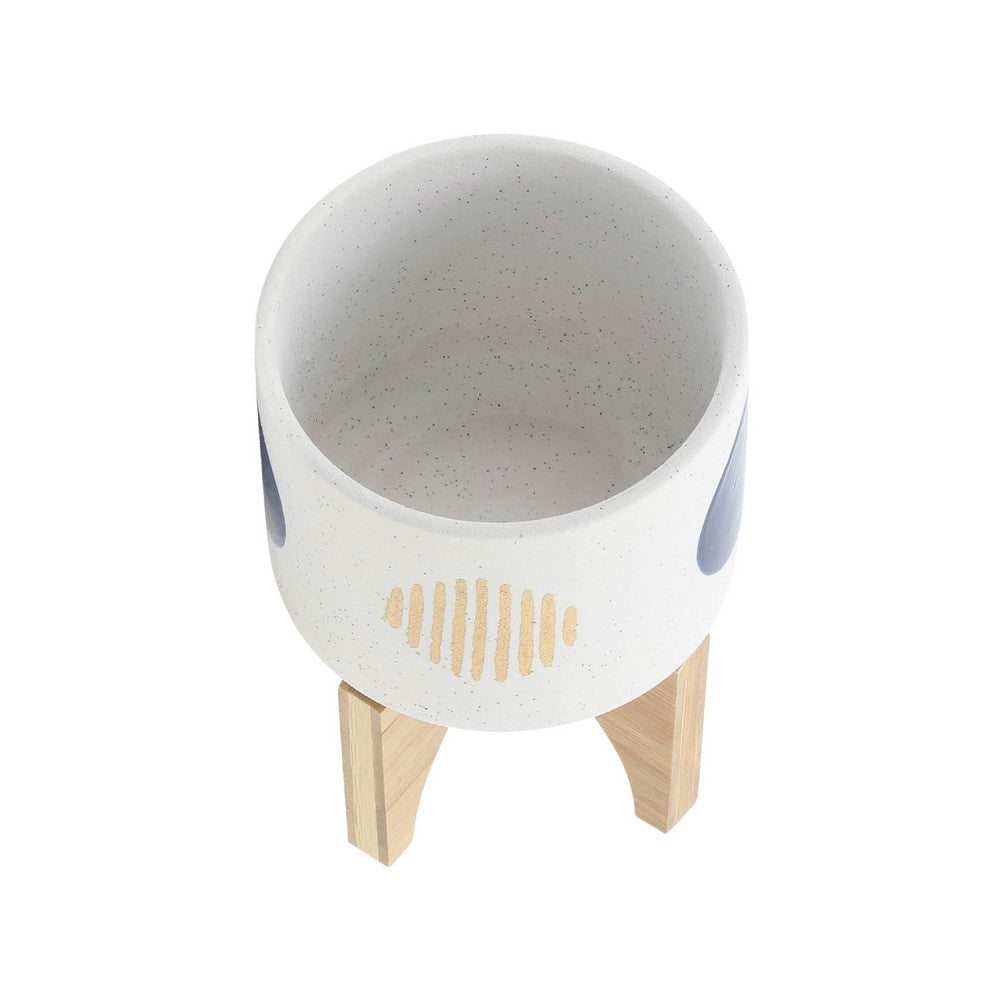 Benjara Funky Planter Set of 2, Wood Stand, Blue Gold Stripes on White Ceramic