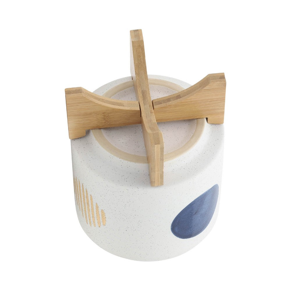 Benjara Funky Planter Set of 2, Wood Stand, Blue Gold Stripes on White Ceramic