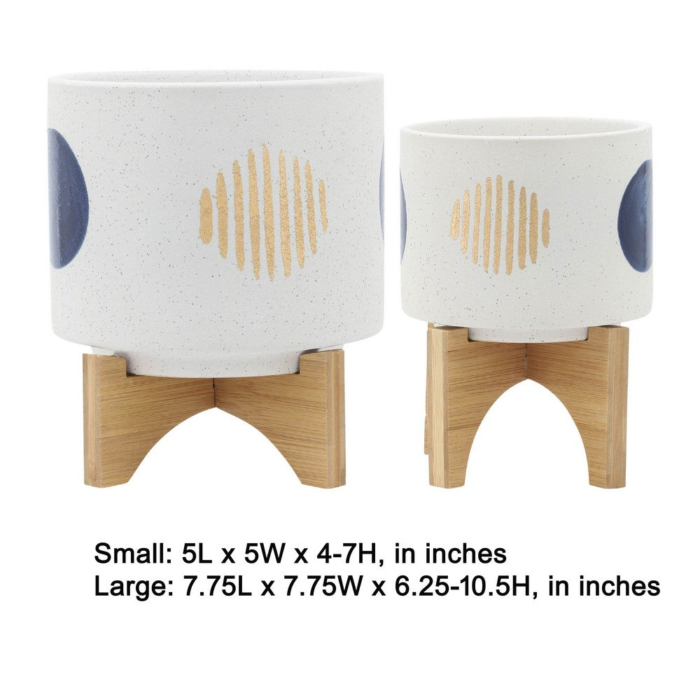 Benjara Funky Planter Set of 2, Wood Stand, Blue Gold Stripes on White Ceramic