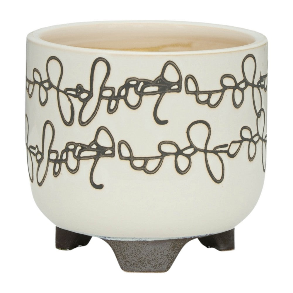Benjara Garden Footed Planter Set of 2, Black Scribble Pattern, Beige Ceramic