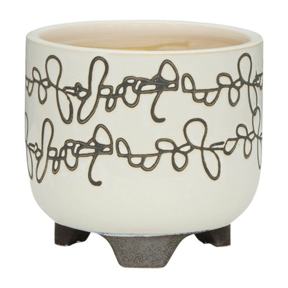 Benjara Garden Footed Planter Set of 2, Black Scribble Pattern, Beige Ceramic