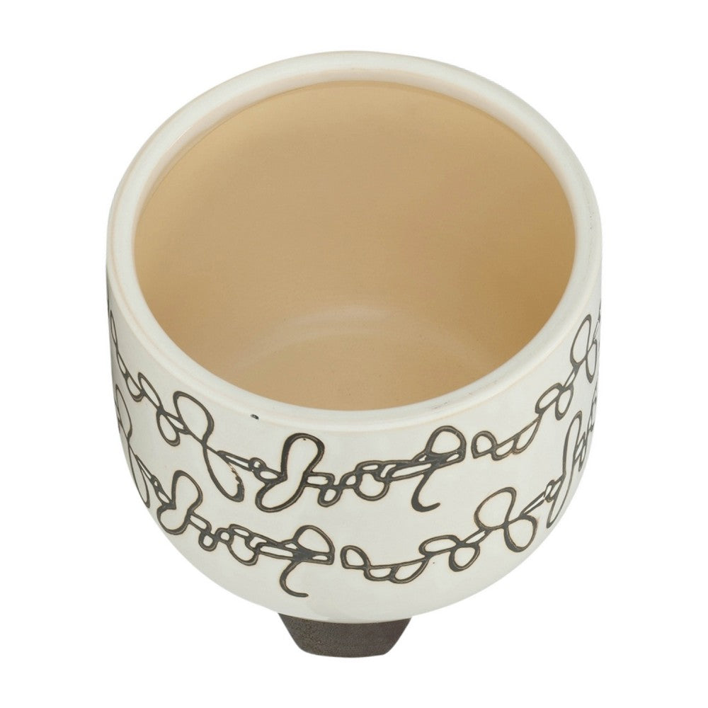Benjara Garden Footed Planter Set of 2, Black Scribble Pattern, Beige Ceramic