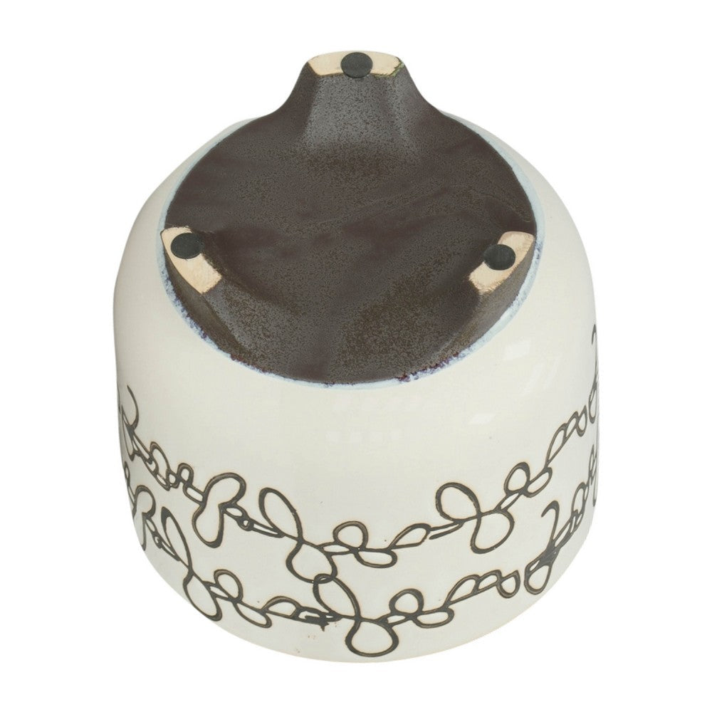 Benjara Garden Footed Planter Set of 2, Black Scribble Pattern, Beige Ceramic