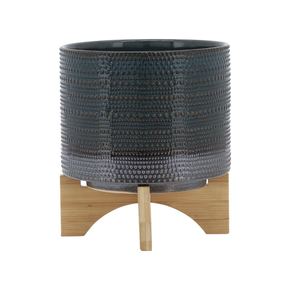Benjara Indoor Planter with Wood Stand, Slate Gray Dotted Ceramic, 10 Inch