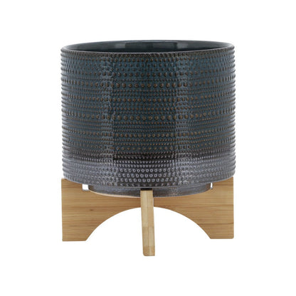Benjara Indoor Planter with Wood Stand, Slate Gray Dotted Ceramic, 10 Inch