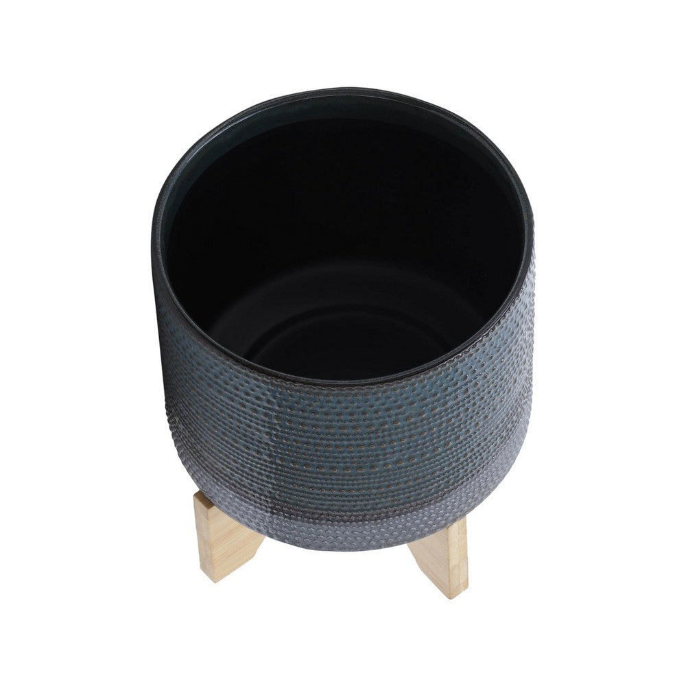 Benjara Indoor Planter with Wood Stand, Slate Gray Dotted Ceramic, 10 Inch