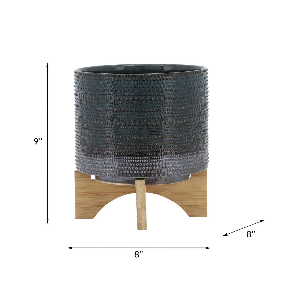 Benjara Indoor Planter with Wood Stand, Slate Gray Dotted Ceramic, 10 Inch